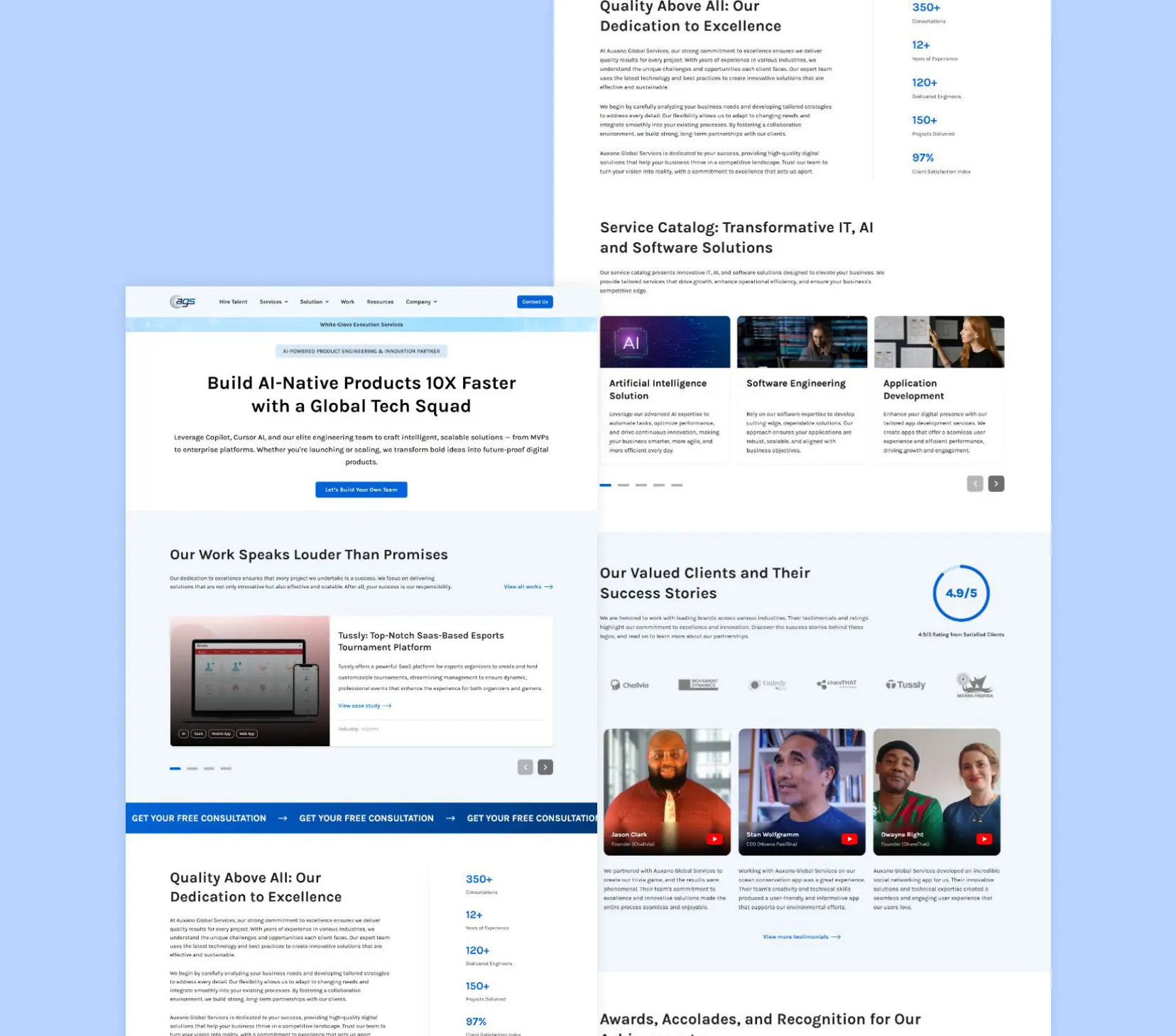 Auxano Global Services website pages showing services and client stories