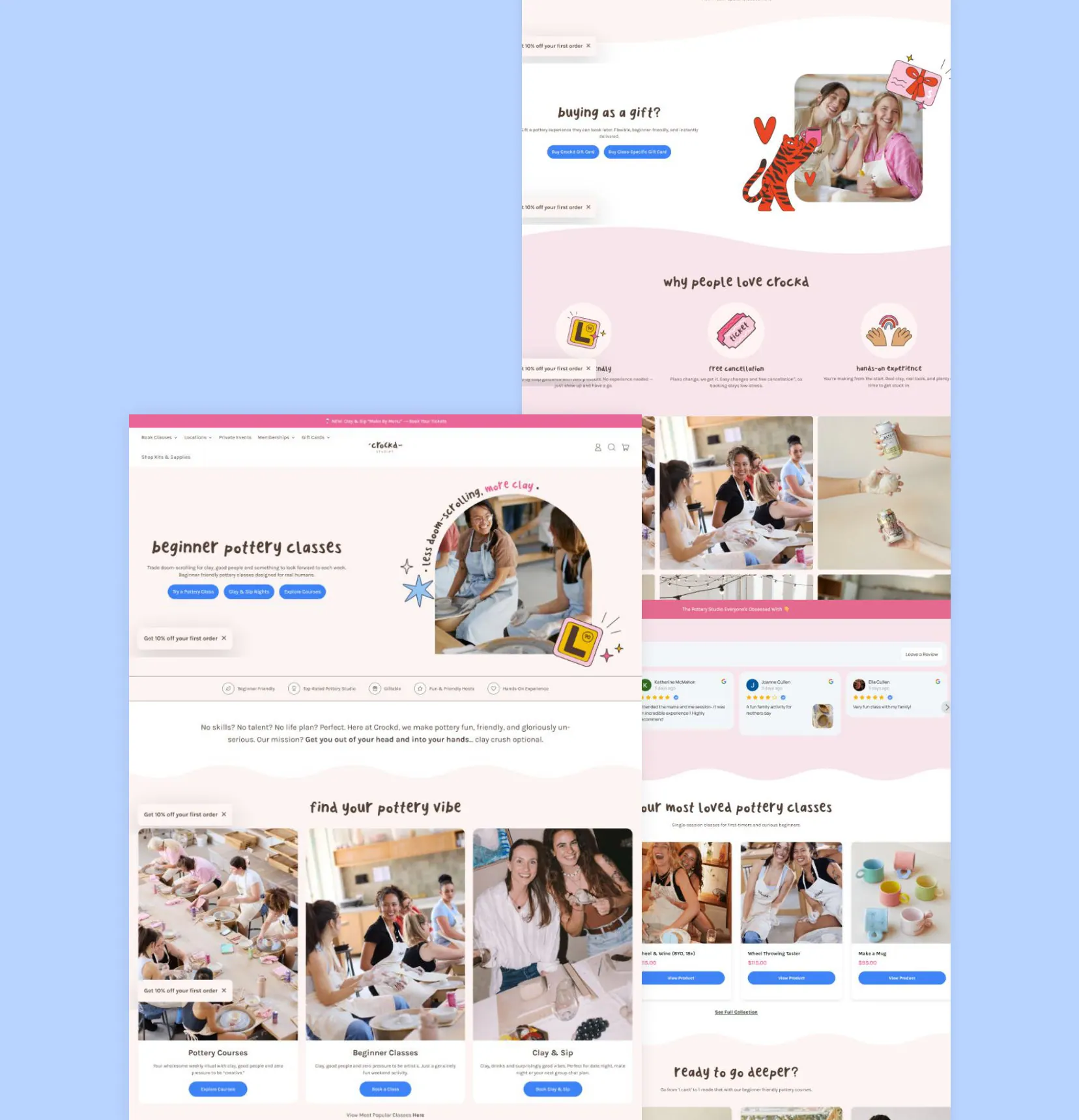 Crockd Studios pottery class pages with booking sections