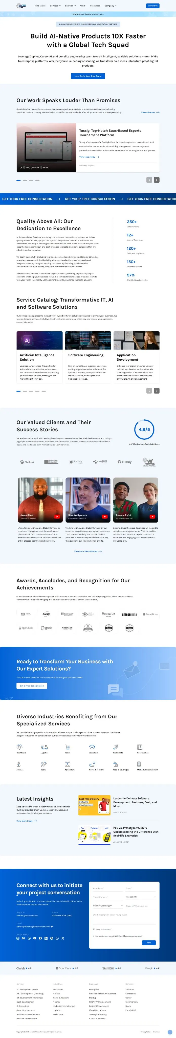 Full-length screenshot of the Auxano Global Services homepage